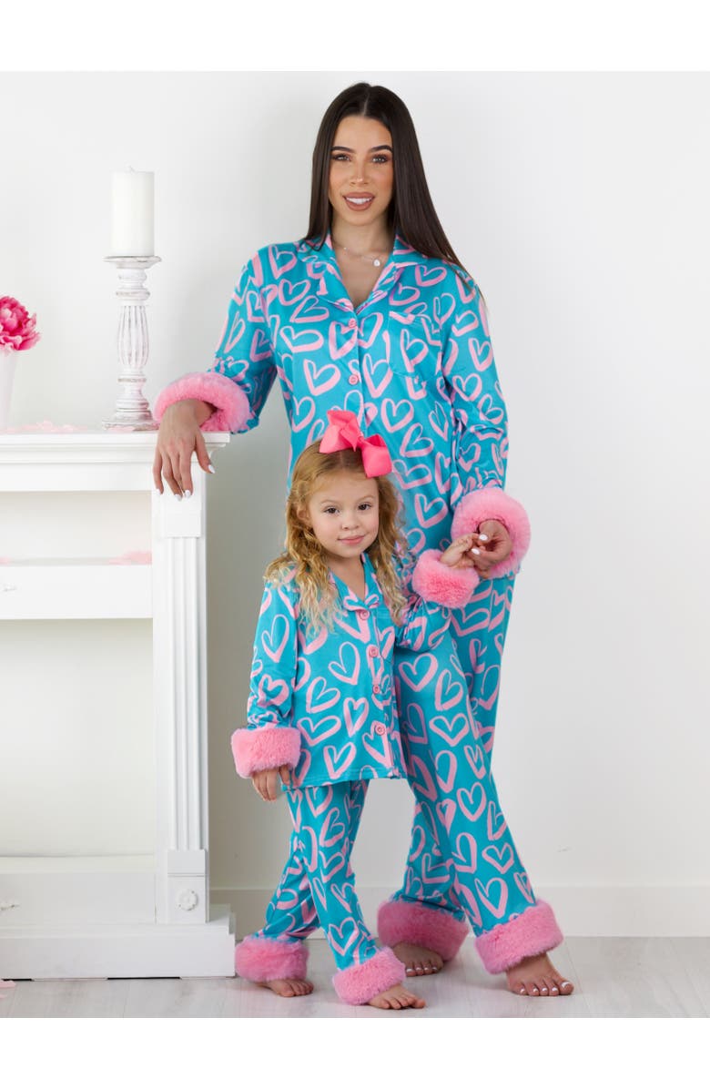 Mia Belle Girls Mommy and Me Heart Furry Pajama Set, Alternate, color, Blue-Green