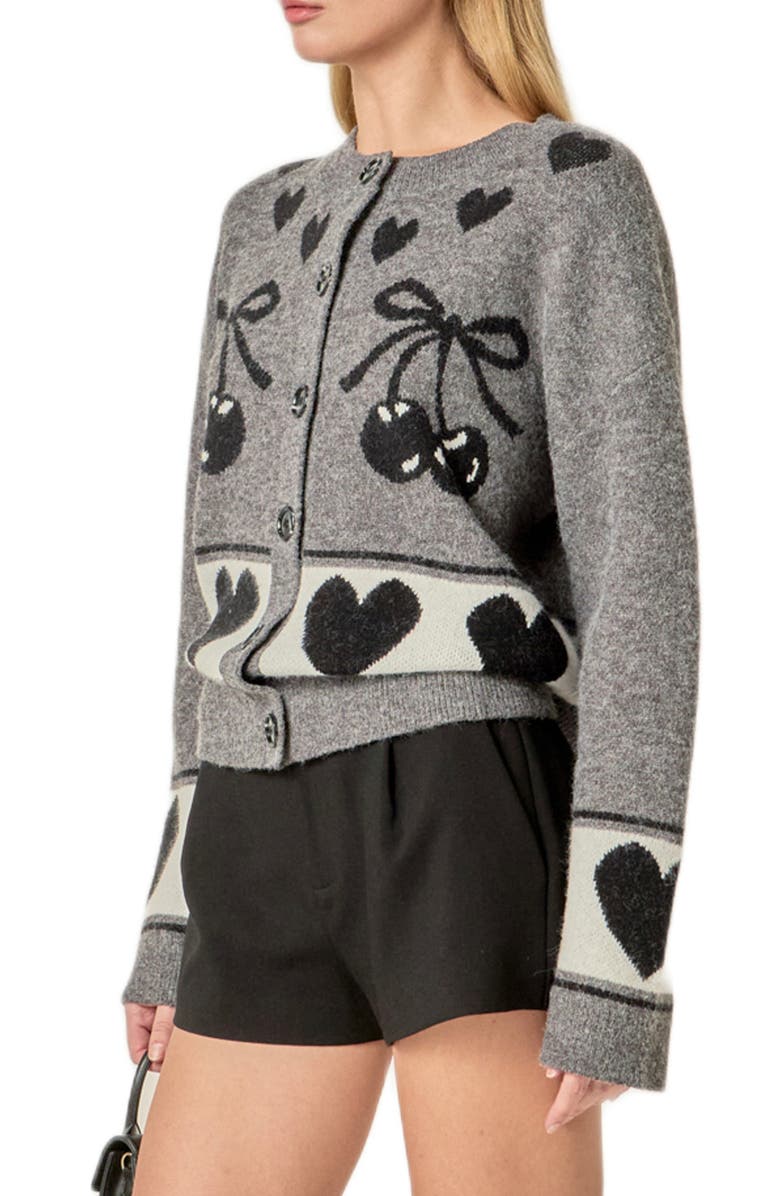 English Factory Cherry Heart Cardigan, Alternate, color, Charcoal Multi