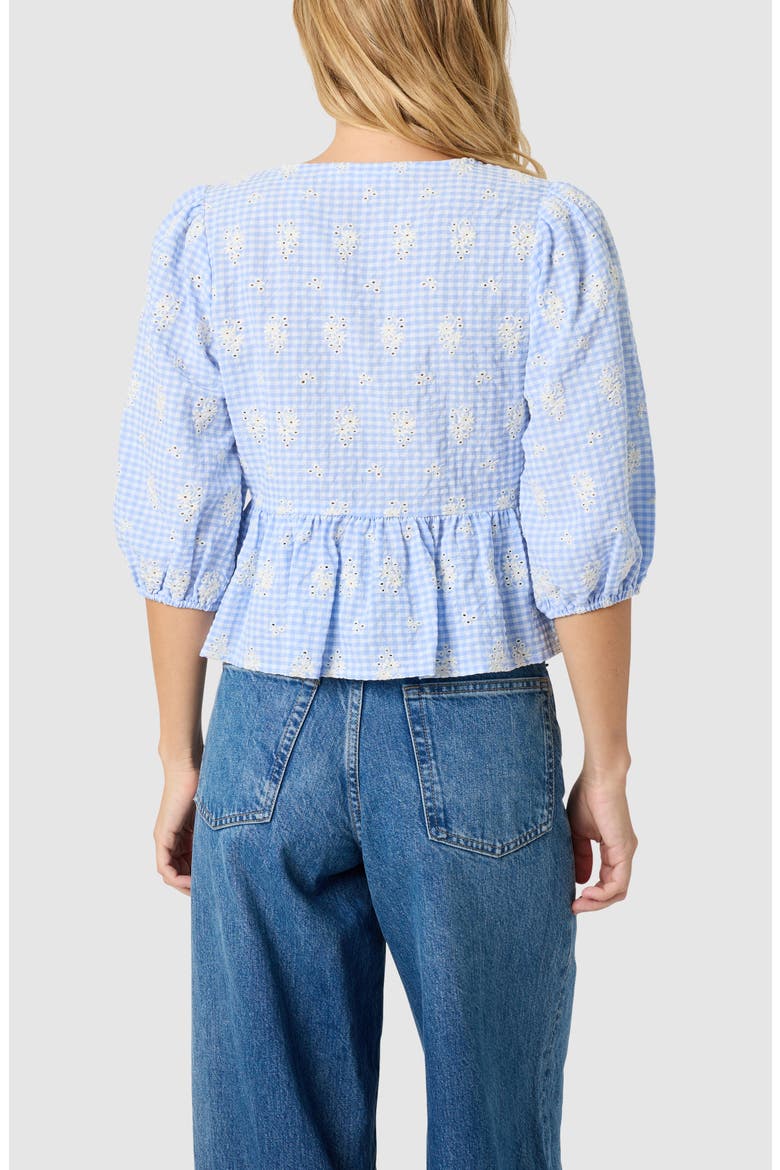 Embroidered Gingham Peplum Cotton Blend Top, Alternate, color, BLUE GINGHAM