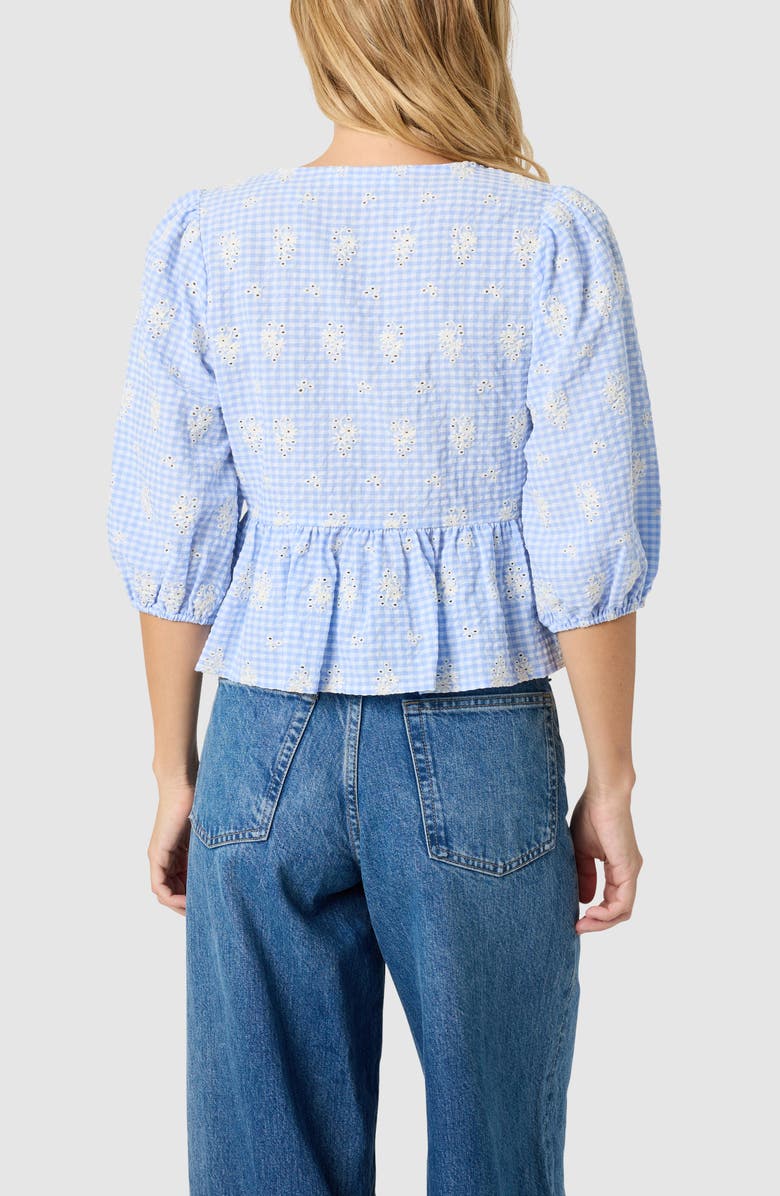 All in Favor Embroidered Gingham Peplum Cotton Blend Top, Alternate, color, Blue Gingham