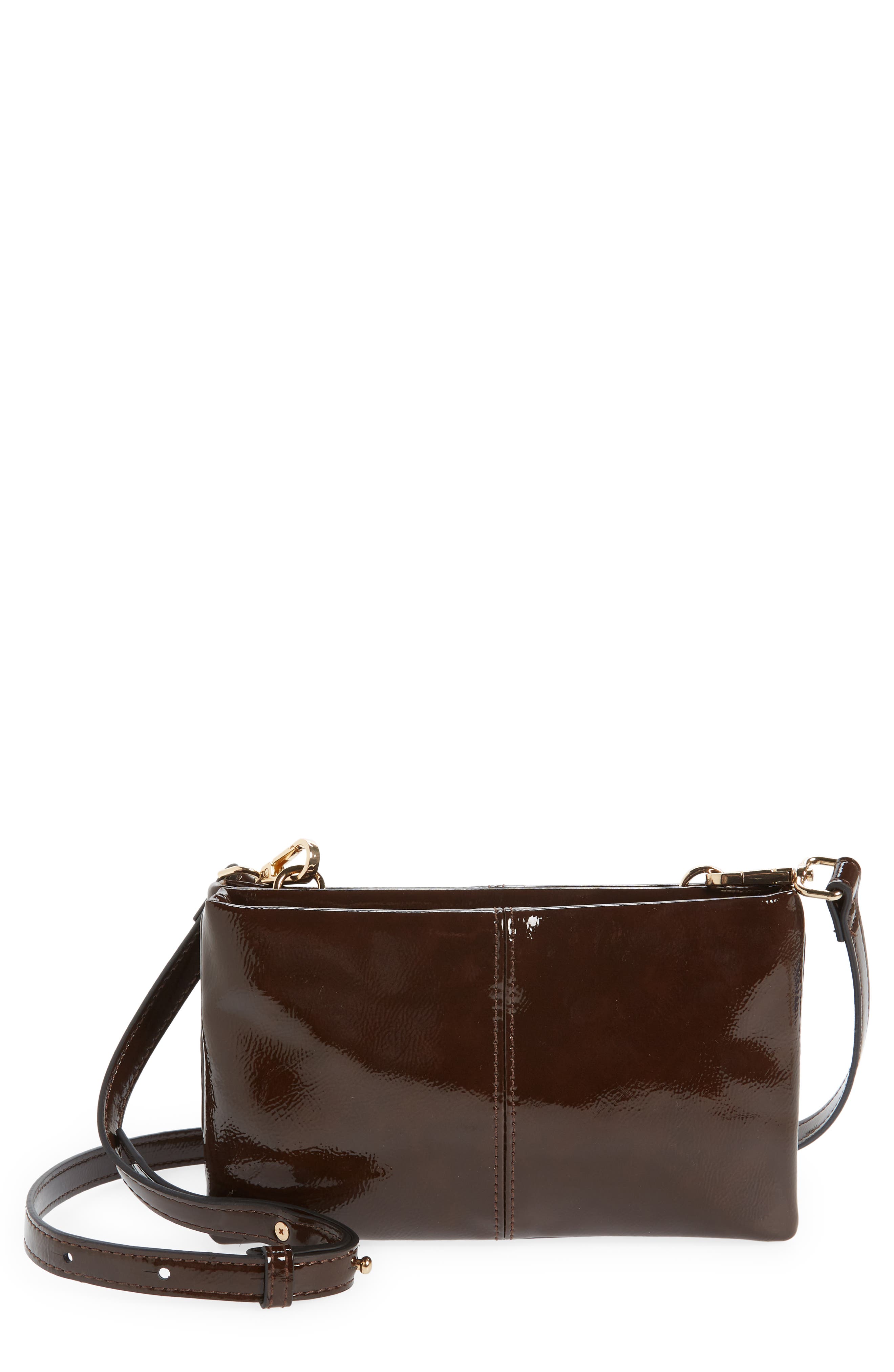 Caitlin Patent Faux Leather Crossbody Bag, Main, color, BROWN