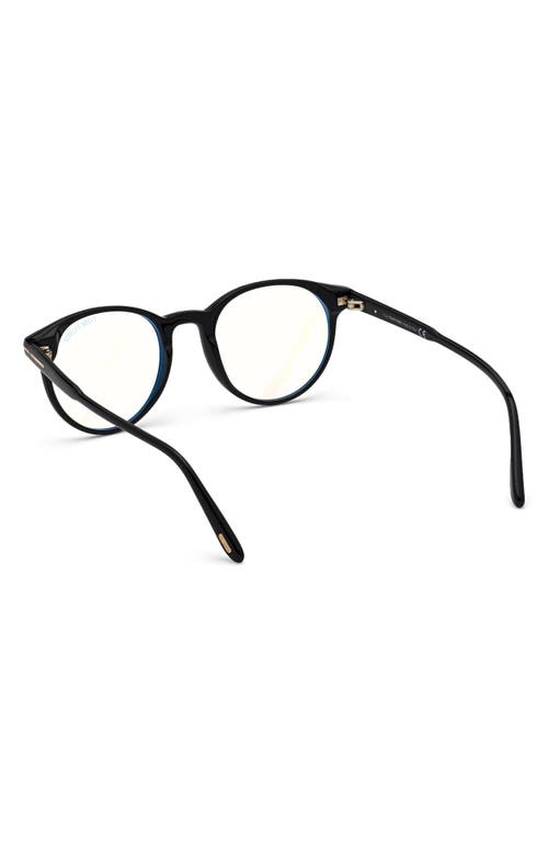 Tom Ford 49mm Round Blue Light Blocking Glasses In Shiny Black/blue Block