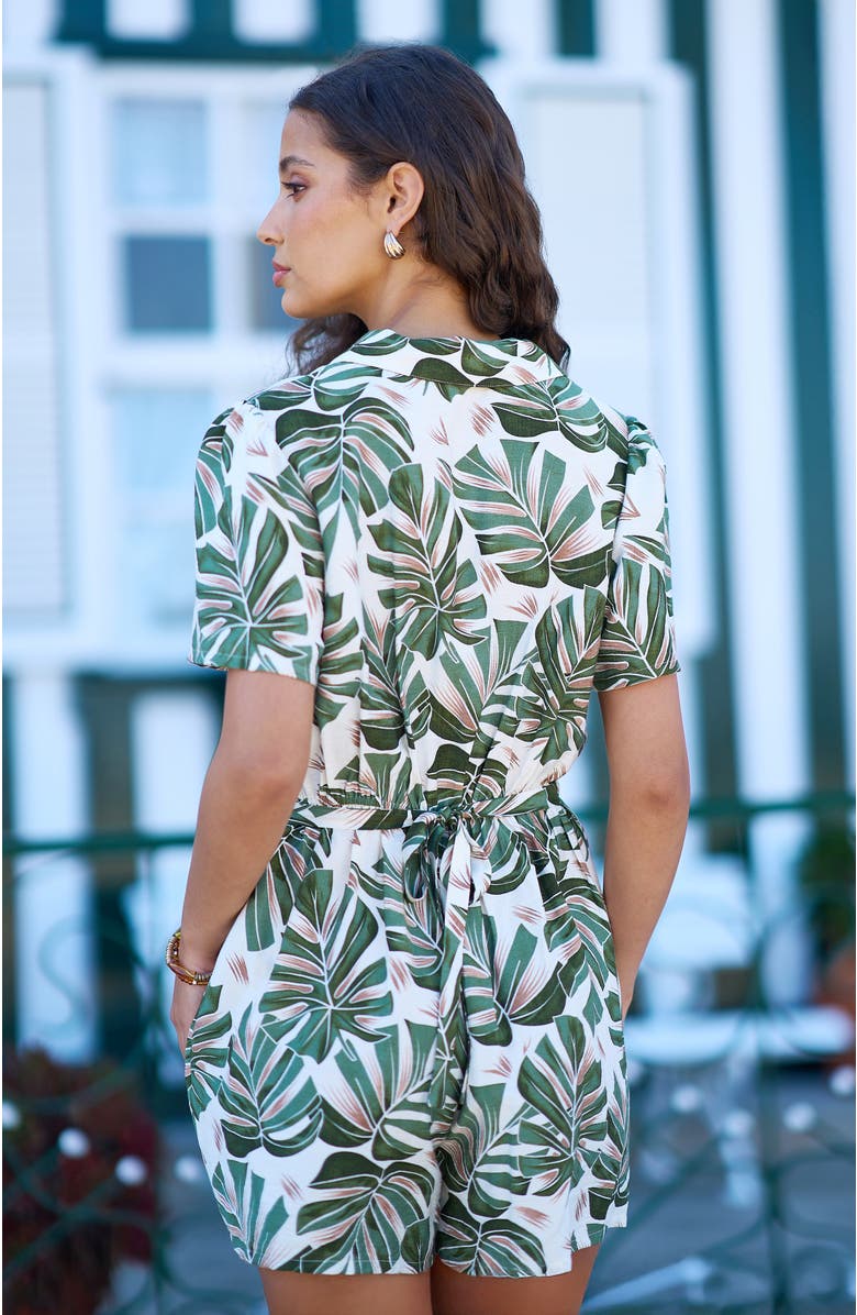 Yumi Viscose Leaf Print Retro Playsuit, Alternate, color, Green
