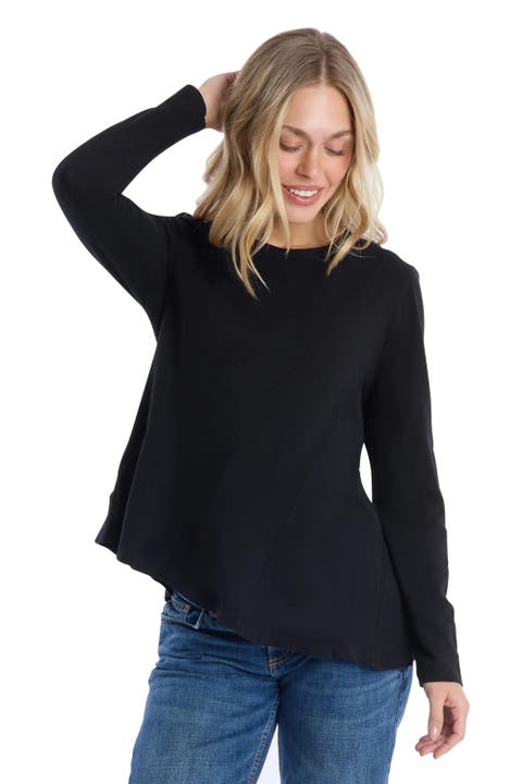 Round Neck Long Sleeve Tee with Asymmetric Hem & Body Seams