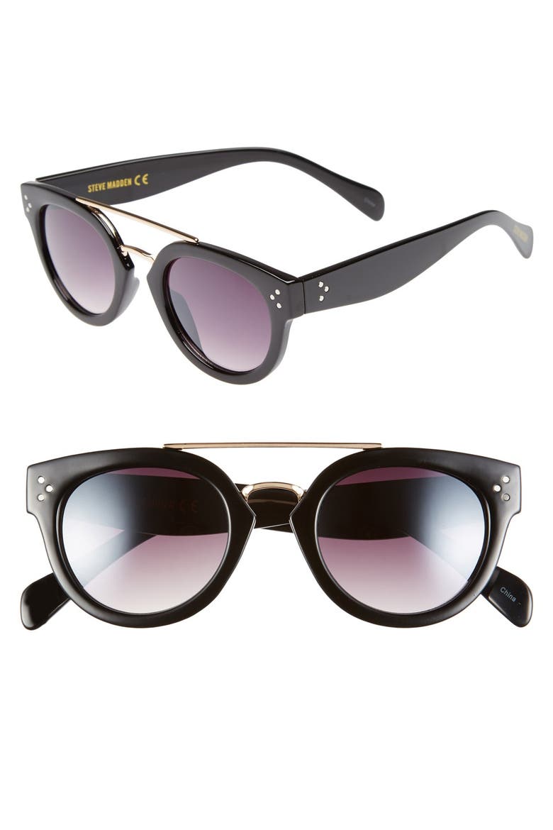 48mm Metal Brow Bar Round Sunglasses, Main, color, BLACK