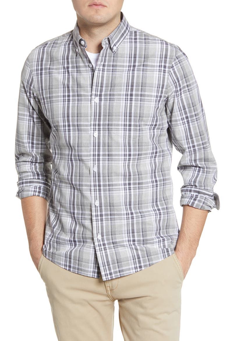 Slim Fit Plaid Button-Down Shirt, Alternate, color, GREY SILK LINEN MADRAS CHECK