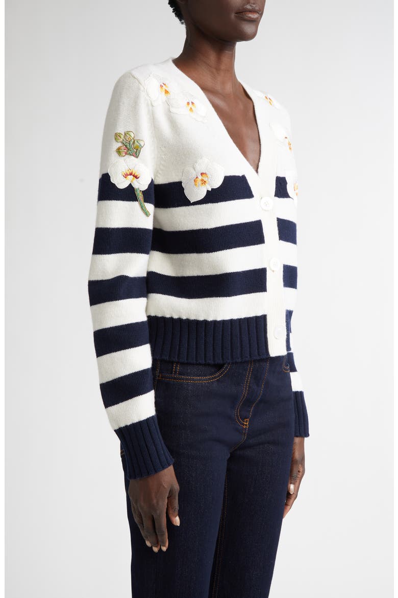 Embroidered Orchid Stripe Wool Cardigan, Alternate, color, NAVY/ IVORY