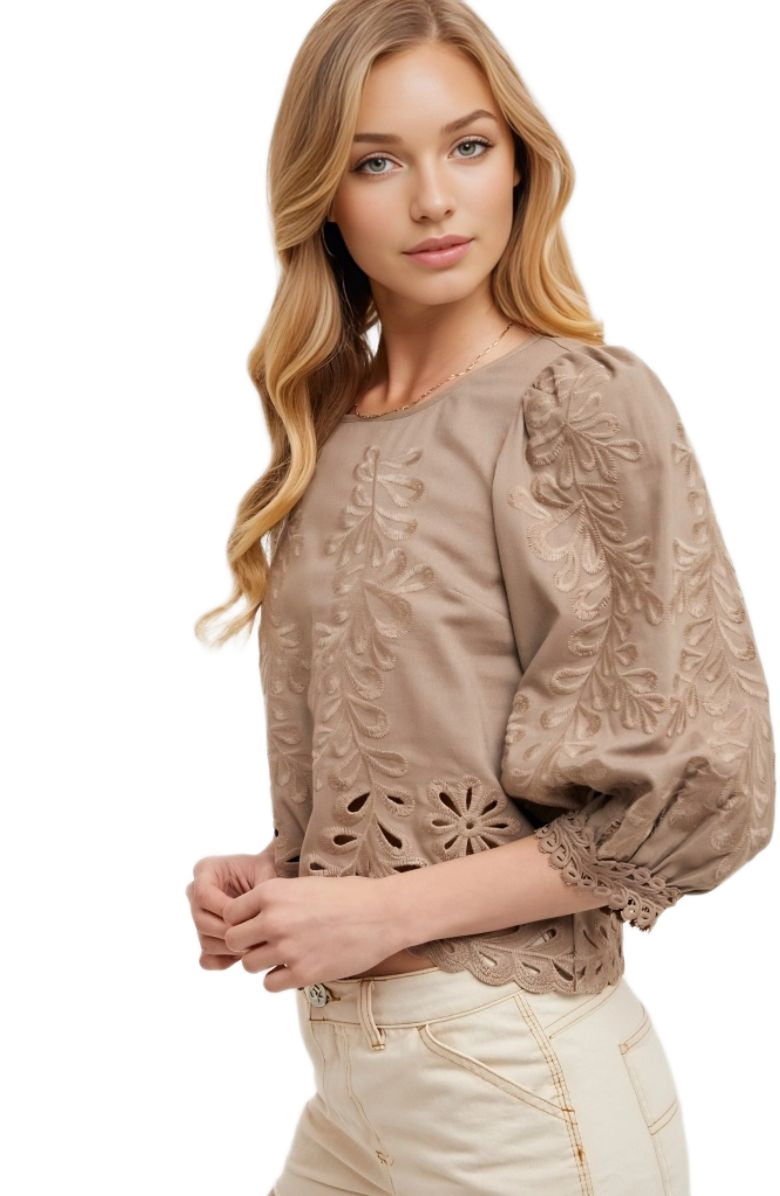 Knit and Lounge Embroidered Puff Sleeve Blouse with Scallop Hem and Cutout Detailing, Alternate, color, Taupe