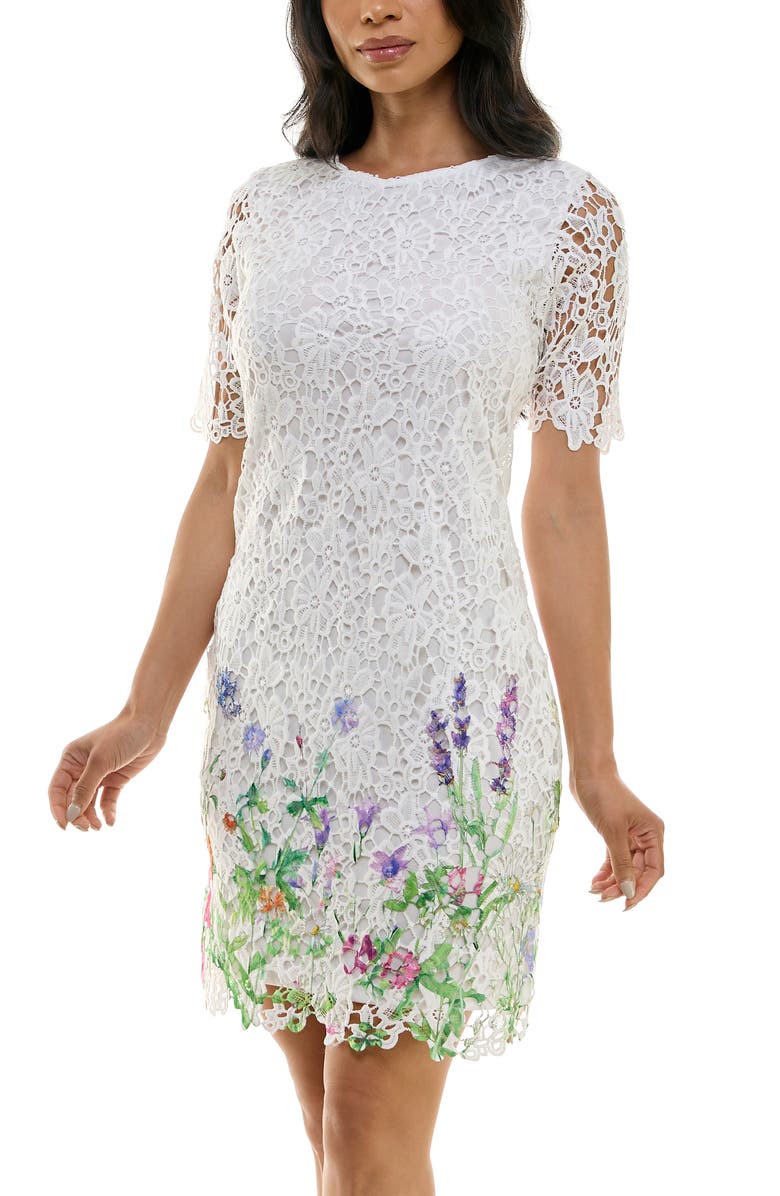 Nina Leonard Floral Border Elbow Sleeve Lace Sheath Dress, Alternate, color, White Multi