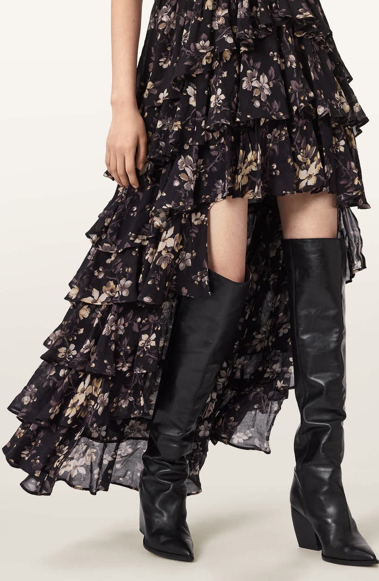 AllSaints Shaela Floral Tiered Ruffle High-Low Dress, Alternate, color, Vine Black