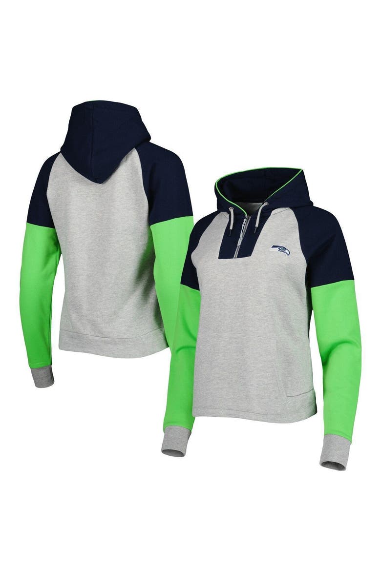 Women's Antigua Heathered Gray/Navy Seattle Seahawks Jackpot Raglan Half-Zip Pullover Hoodie, Main, color, Heather Gray