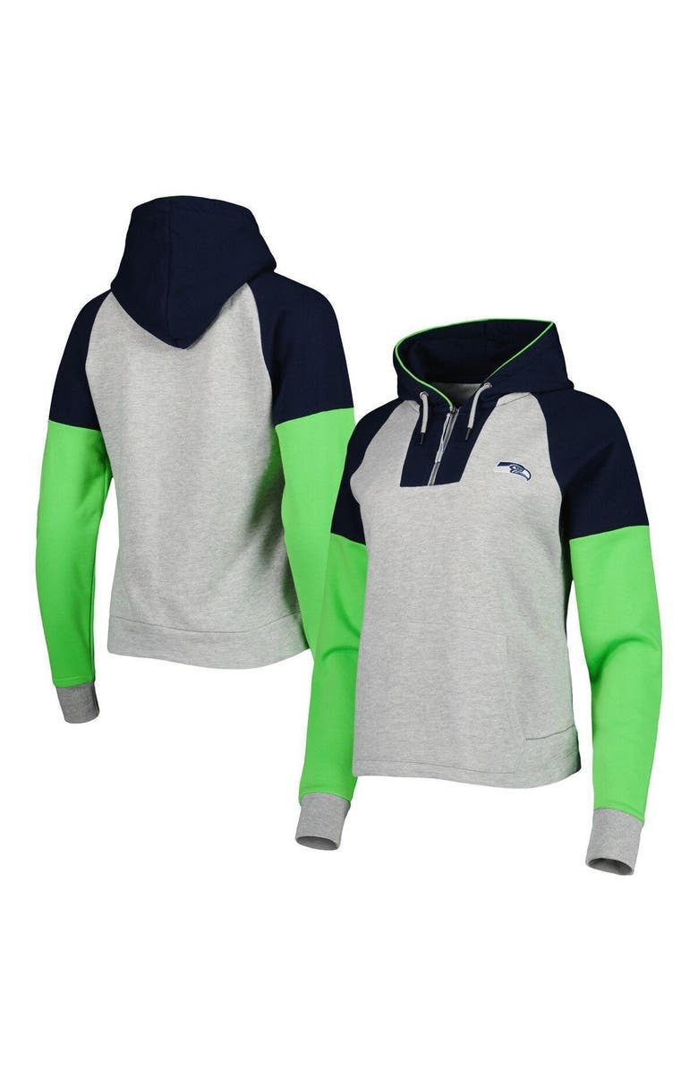 ANTIGUA Women's Antigua Heathered Gray/Navy Seattle Seahawks Jackpot Raglan Half-Zip Pullover Hoodie, Main, color,