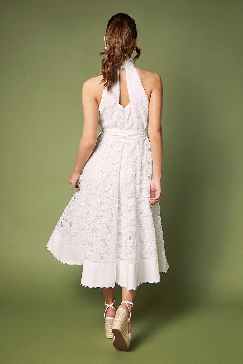 Halterneck Belted Lace Midi Dress, Alternate, color, Ivory
