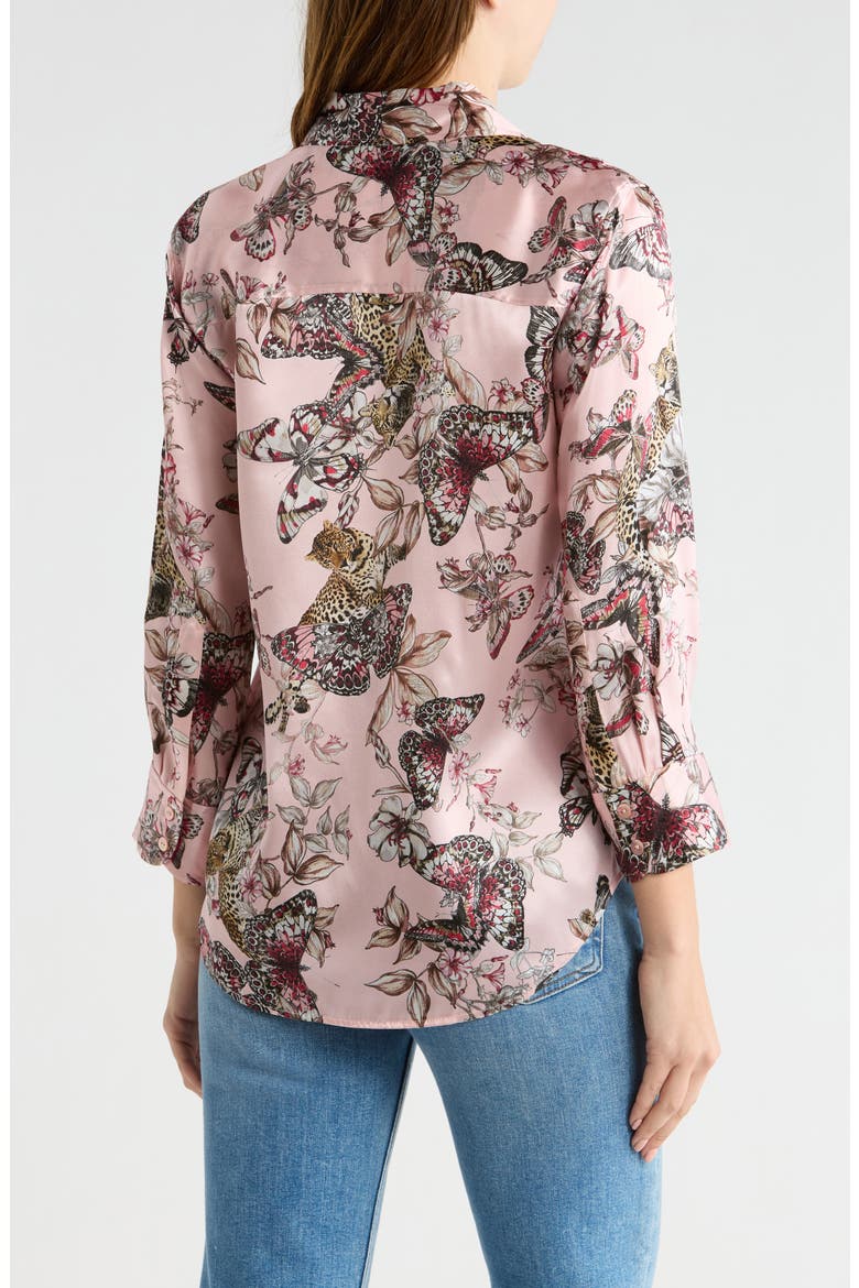Dani Butterfly Print Three-Quarter Sleeve Silk Button-Up Shirt, Alternate, color, LIGHT NECTAR PINK BUTTERFLY