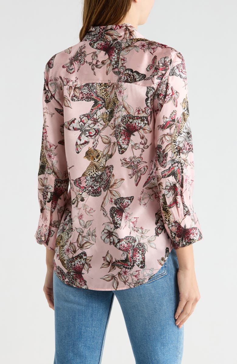 L'AGENCE Dani Butterfly Print Three-Quarter Sleeve Silk Button-Up Shirt, Alternate, color, Light Nectar Pink Butterfly