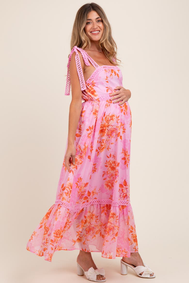 Floral Shoulder Tie Tiered Maxi Dress, Alternate, color, Pink