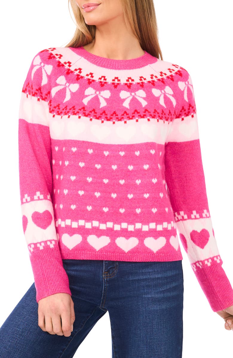 CeCe Heart Bow Fair Isle Sweater, Main, color, Paradox