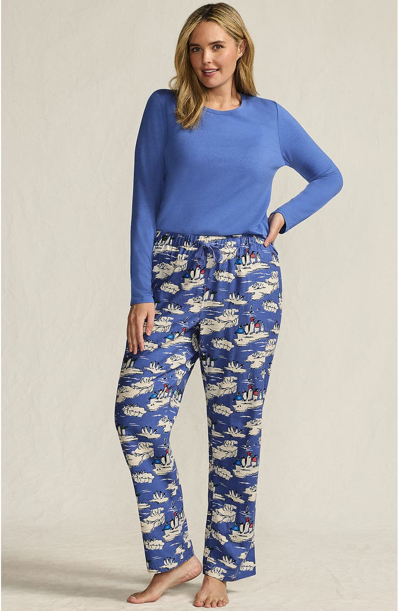 Lands' End Pajama Set Knit Long Sleeve T-Shirt and Flannel Pants, Main, color, Cobalt Blue Holiday Penguins