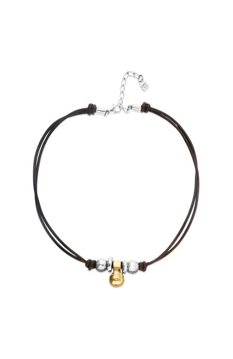 Leather necklace with three dials plated in a mix of silver and 18k gold