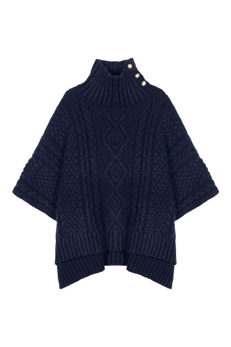 Button Neck Cable Knit Poncho, Main, color, NAVY
