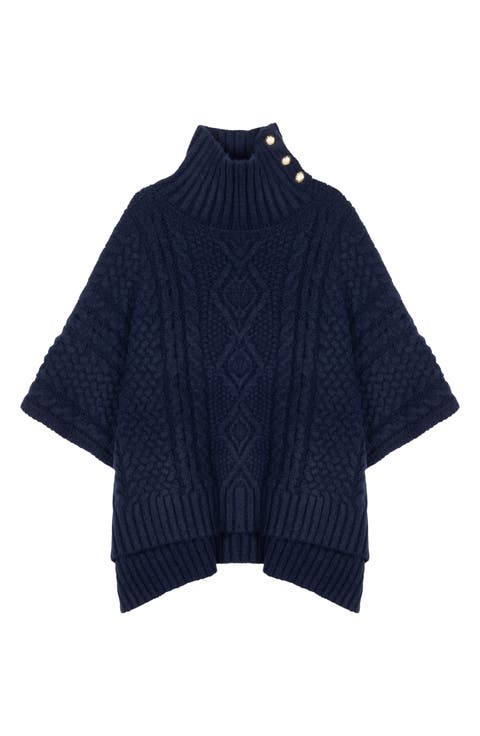 Button Neck Cable Knit Poncho