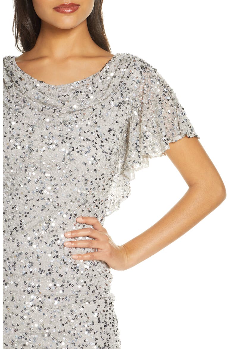 Cowl Neck Sequin Cocktail Dress, Alternate, color, SILVER