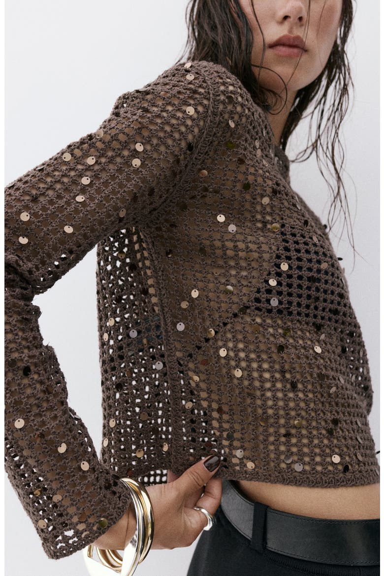 Sequined Crocheted Sweater, Main, color, CHOCOLATE