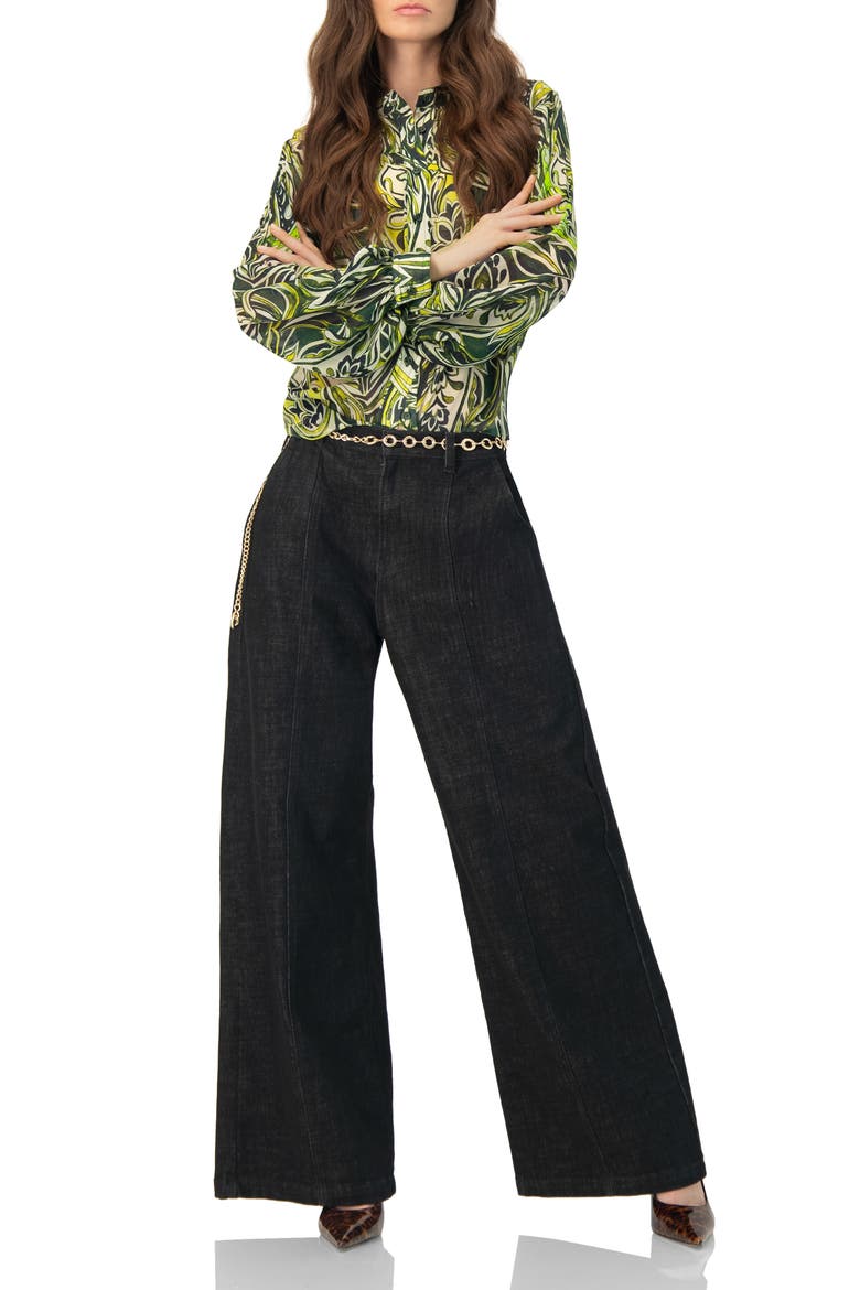 High-Waisted Wide-Leg Denim Jeans, Alternate, color, Black