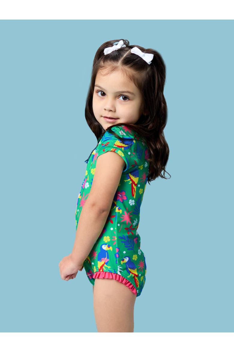 Girls Short Sleeve UPF50+ One Piece Rash Guard, Alternate, color, Parrot Palms