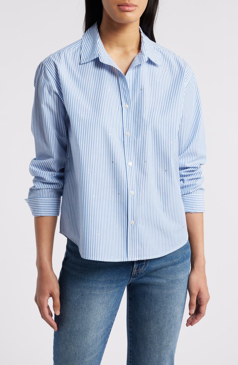 beachlunchlounge Irene Rhinestone Stripe Cotton Blend Button-Up Shirt, Main, color, 