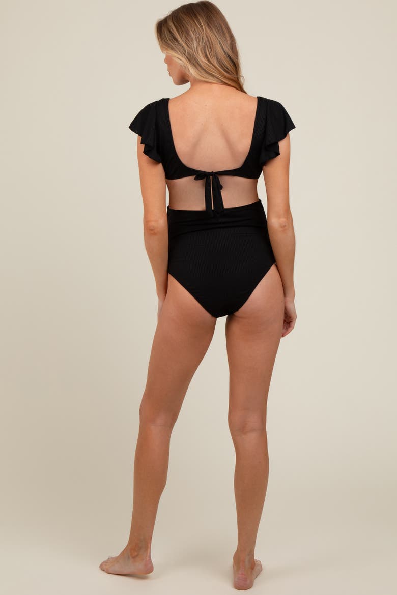Ribbed Ruffle Shoulder Front Tie High Waist Two-Piece Swimsuit, Alternate, color, Black