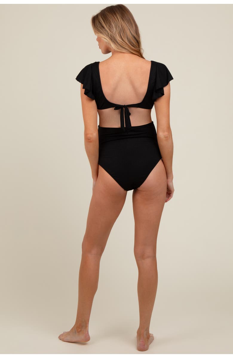 PinkBlush Ribbed Ruffle Shoulder Front Tie High Waist Two-Piece Swimsuit, Alternate, color, Black