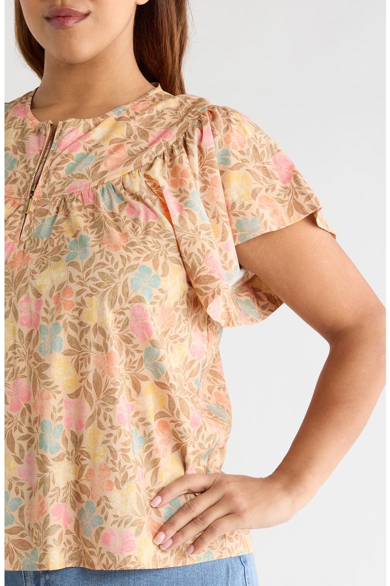 Floral Flutter Sleeve Quarter Zip Top, Alternate, color, GOLDEN SUGAR MULTI