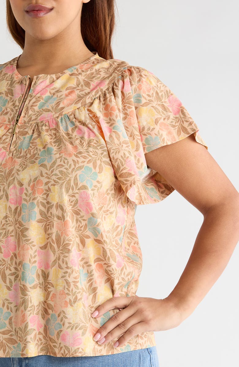 Wit & Wisdom Floral Flutter Sleeve Quarter Zip Top, Alternate, color, Golden Sugar Multi