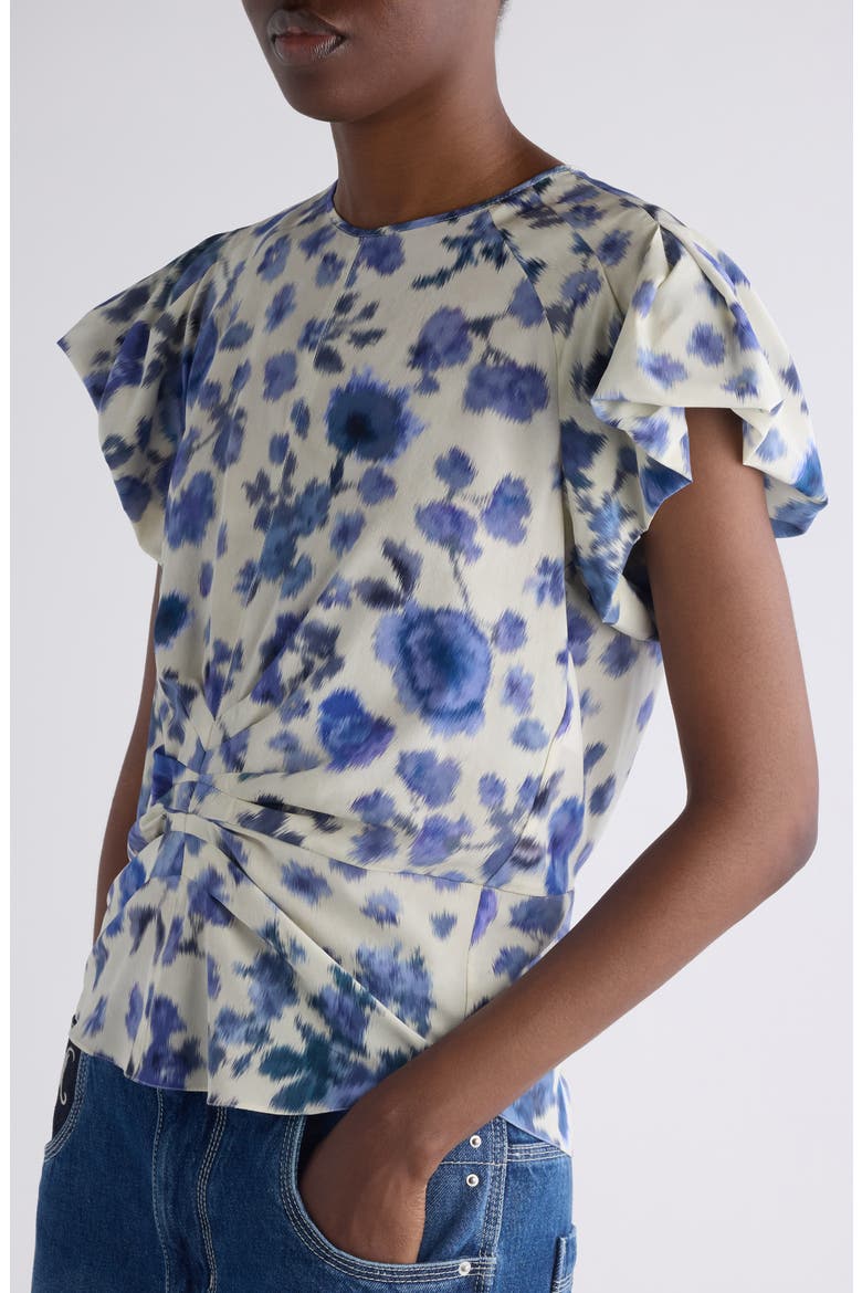 Tullya Ikat Floral Bubble Sleeve Stretch Silk Top, Alternate, color, BLUE
