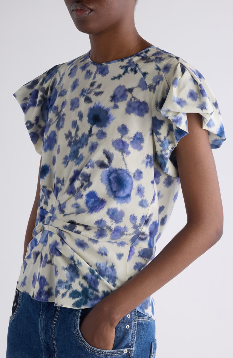Isabel Marant Tullya Ikat Floral Bubble Sleeve Stretch Silk Top, Alternate, color, Blue