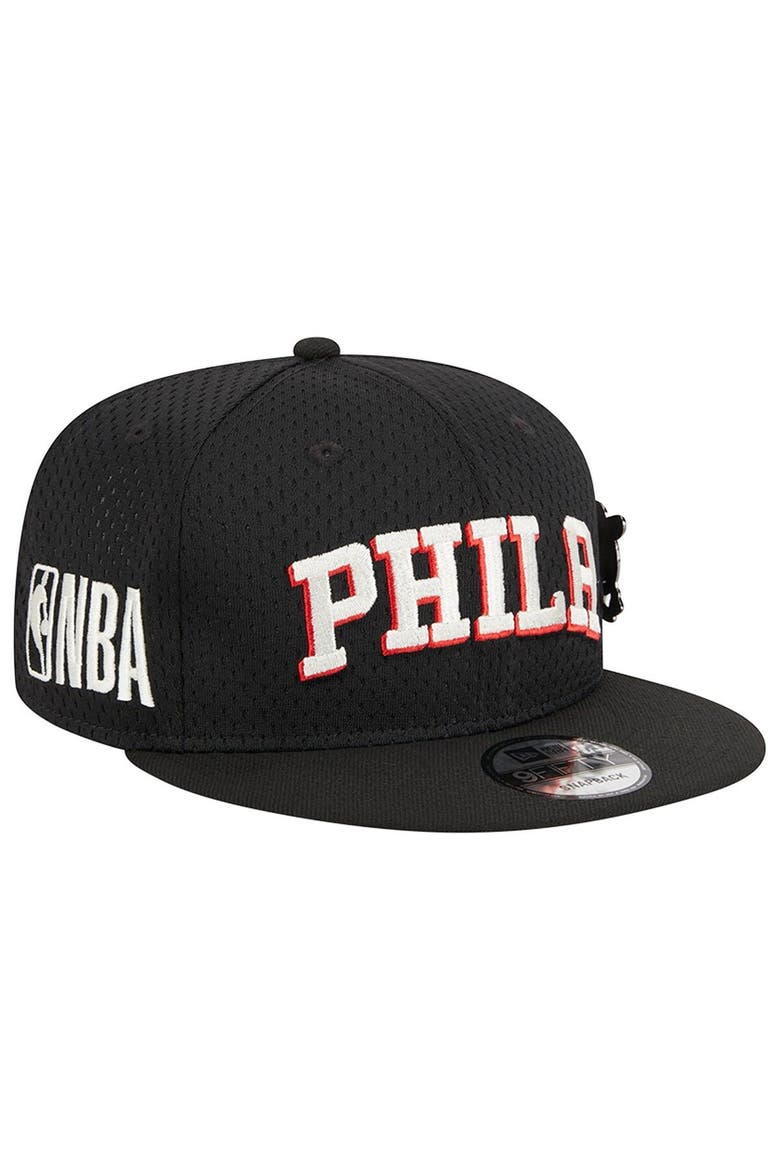 Men's New Era Black Philadelphia 76ers Post-Up Pin Mesh 9FIFTY Snapback Hat, Alternate, color, Black