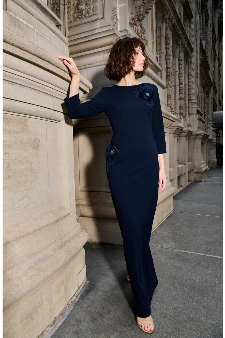 Stretch Crepe Floral Appliqué Gown, Alternate, color, NAVY