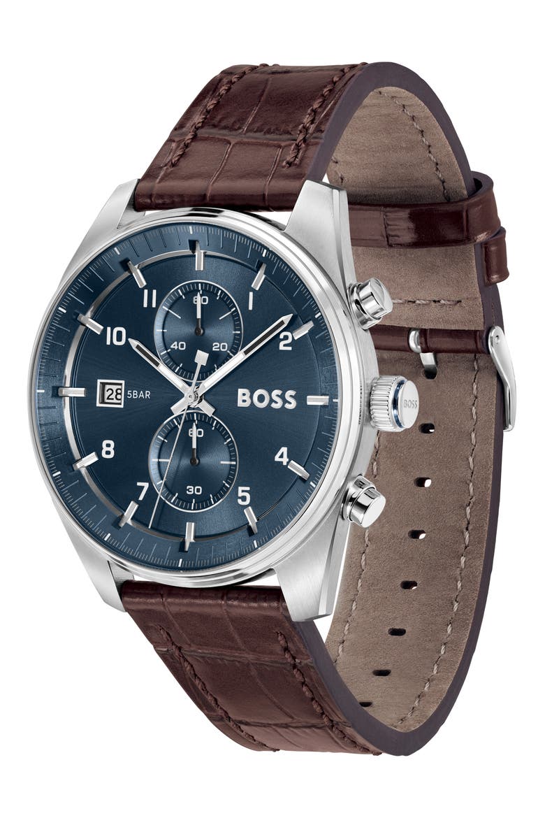Skytraveller Chronograph Croc Embossed Leather Strap Watch, 44mm, Alternate, color, BLUE