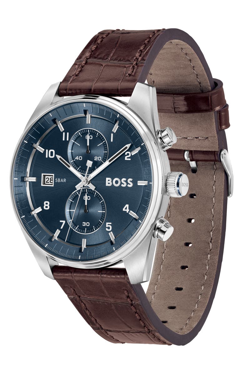 BOSS Skytraveller Chronograph Croc Embossed Leather Strap Watch, 44mm, Alternate, color, Blue