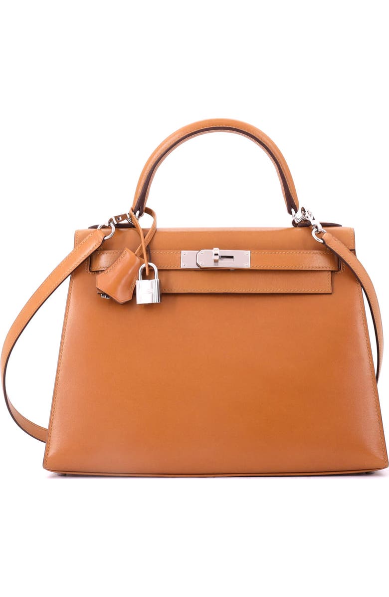 Pre-Owned Hermes Kelly Handbag Brown Box Calf with Palladium Hardware 28, Main, color,