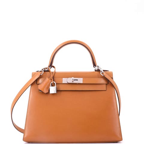 Kelly Handbag Brown Box Calf with Palladium Hardware 28