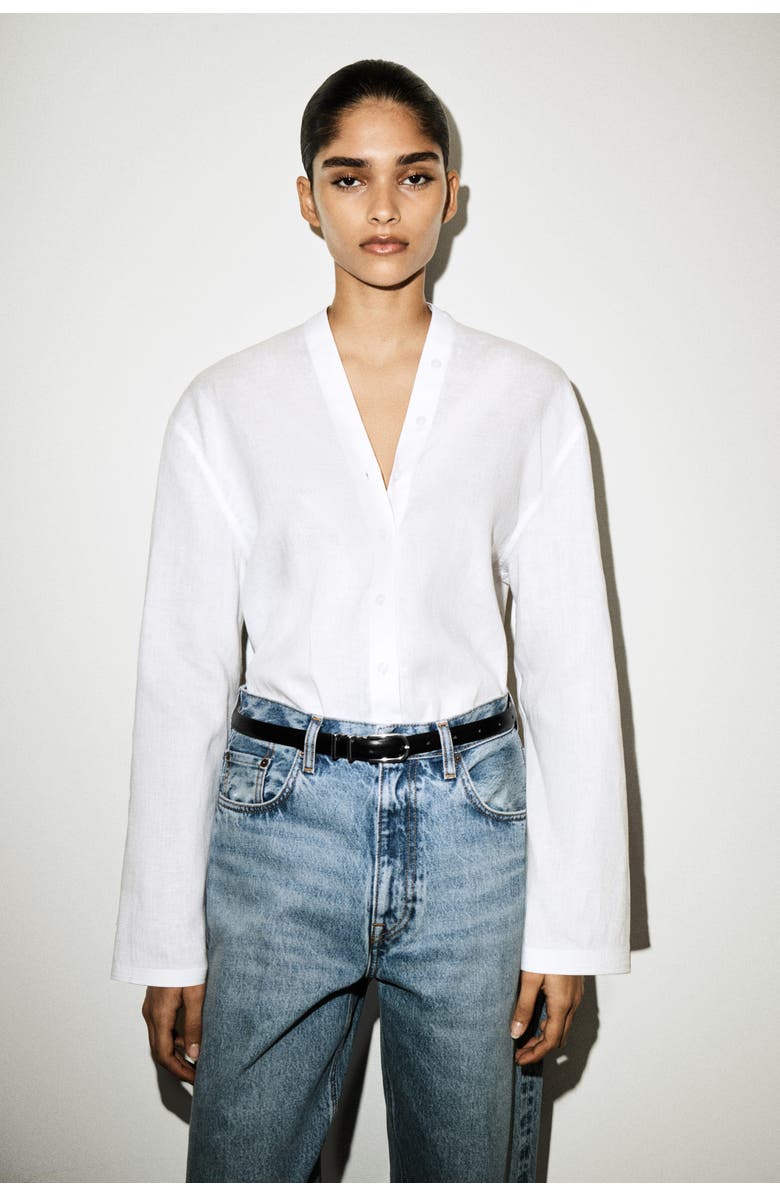 COS Button-Detail Linen V-Neck Shirt, Alternate, color, White