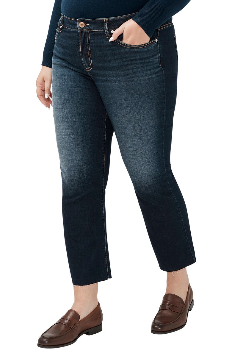 Silver Jeans Co. Suki Curvy Raw Hem Mid Rise Kick Flare Jeans, Alternate, color, Indigo