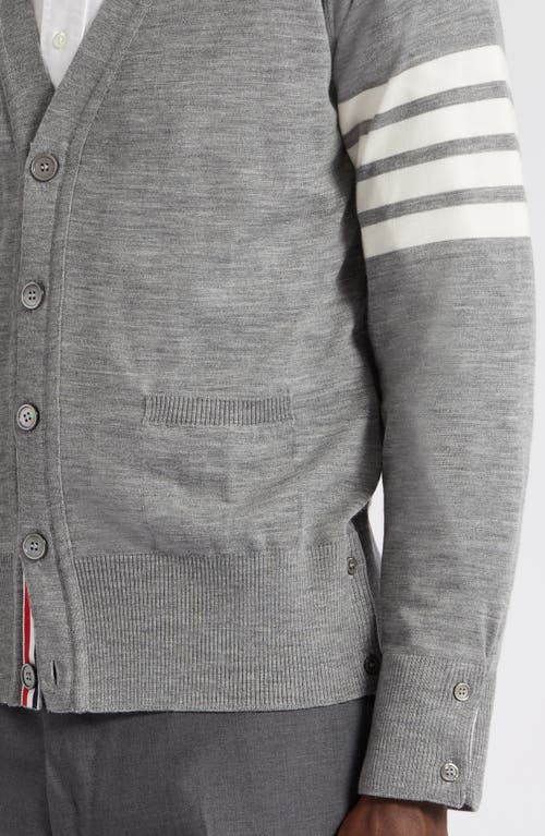 Thom Browne V-neck Hand-knitted Grey Wool Cardigan With Signature Stripes In Gray