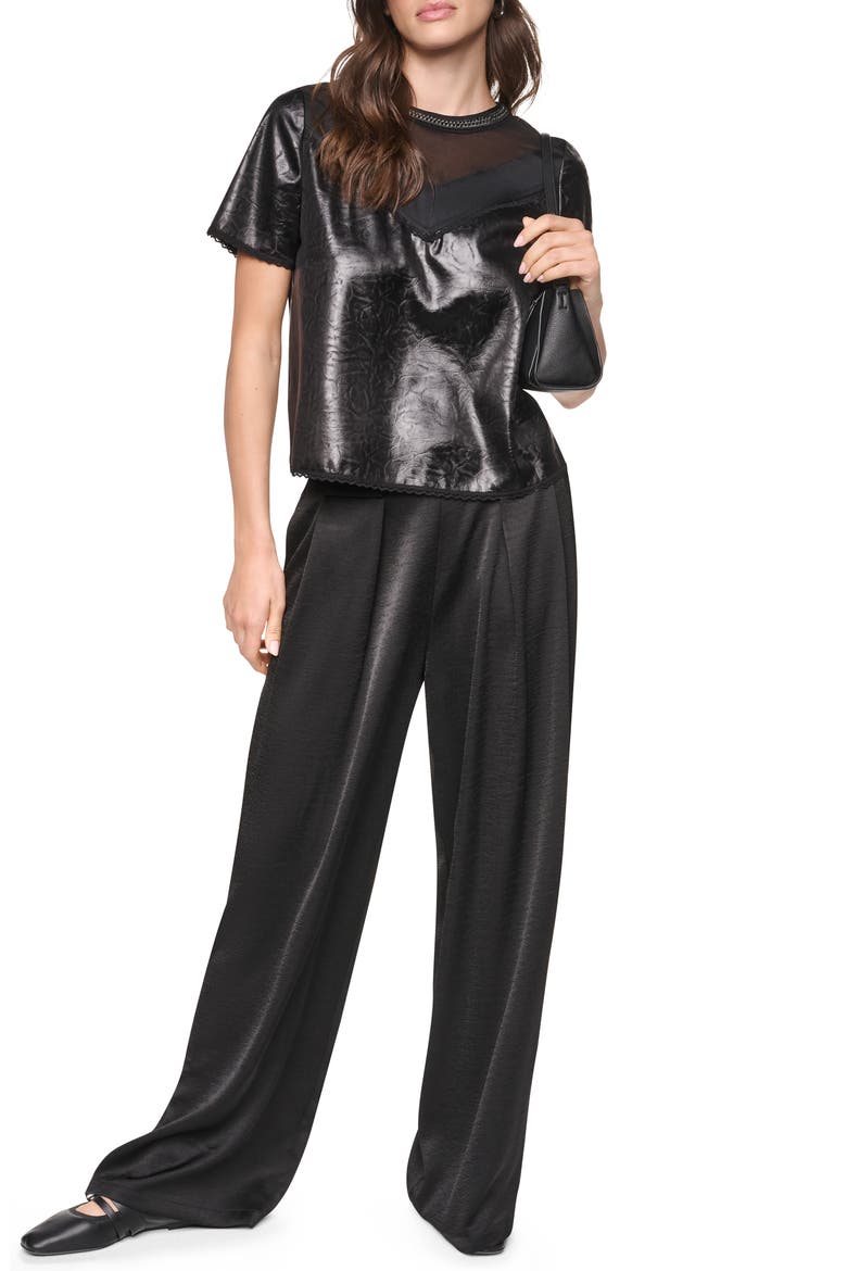 Mixed Media Crackle Faux Leather Top, Alternate, color, BLACK