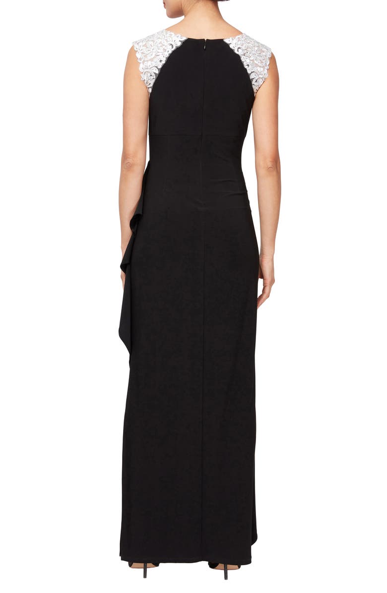 Alex Evenings Gathered Lace Gown, Alternate, color, Black White