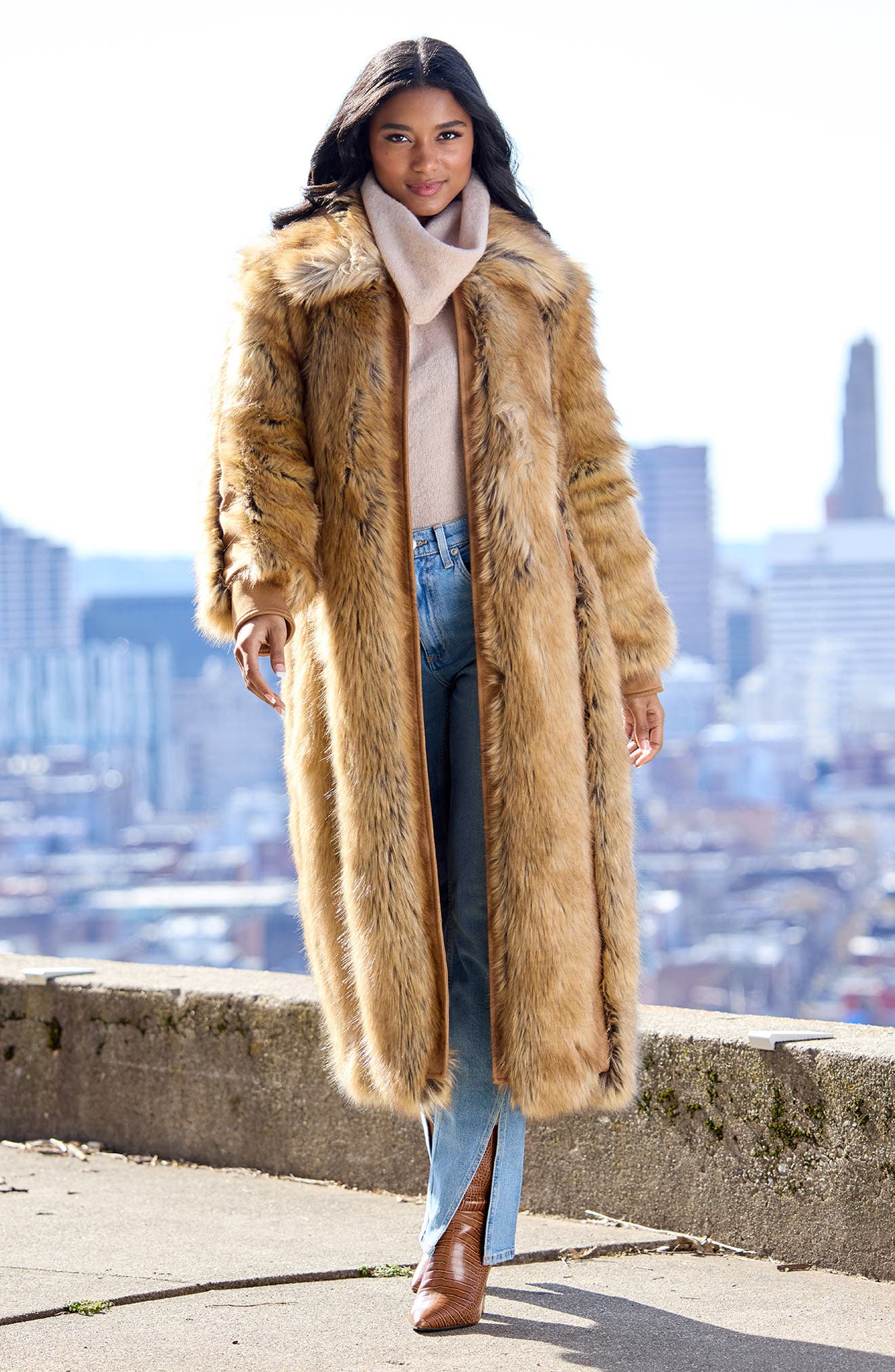美品✨️セルフォード フーデッド ベルテッド ロングコート S キャメル DONNA SALYERS FABULOUS FURS Goldie Faux Fur & Faux Suede Long Coat