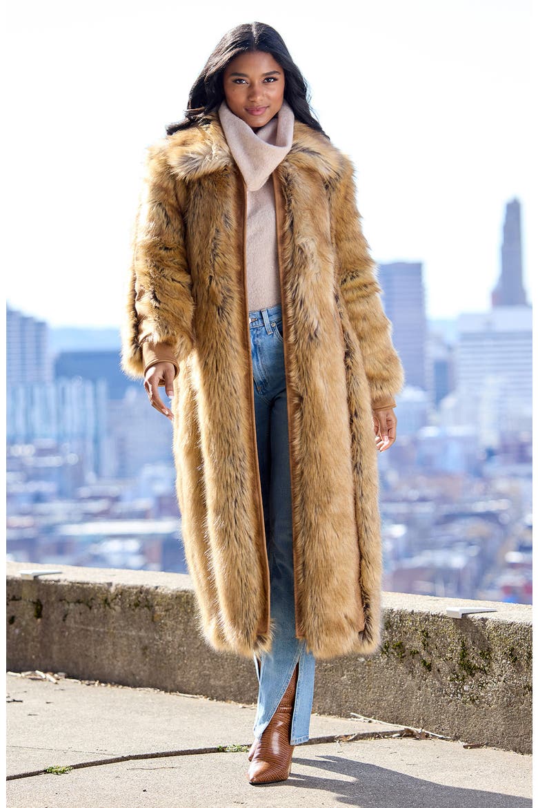 Goldie Faux Fur & Faux Suede Long Coat, Alternate, color, GOLDEN FOX