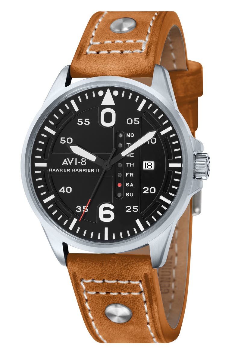 'Hawker Harrier II' Leather Strap Watch, 45mm, Main, color, BLACK/ TAN